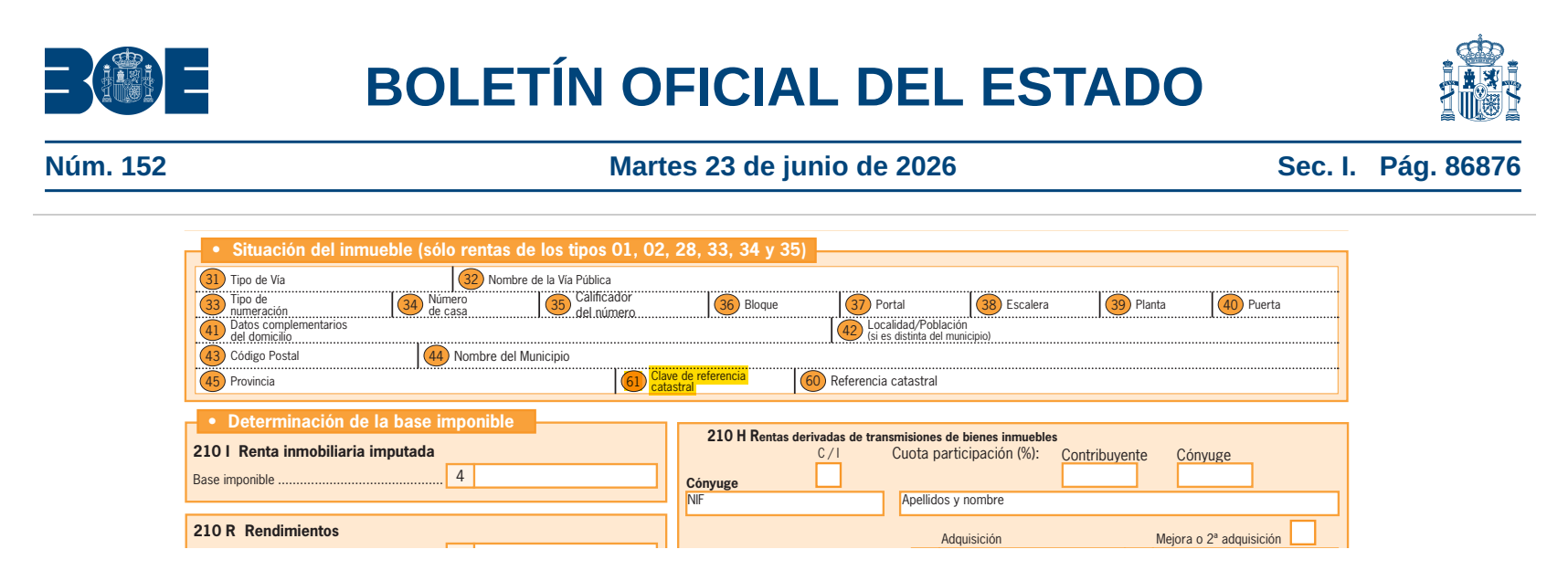 The Situación del inmueble block of the new Modelo 210 form, with boxes 31 to 45 for the address, box 60 Referencia catastral and the new box 61 Clave de referencia catastral highlighted, above section 210 I and its box 4.
