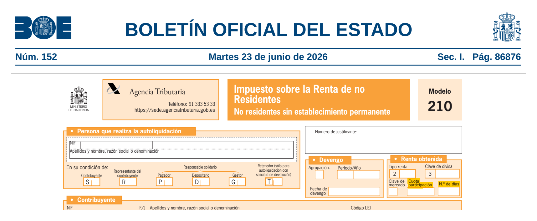 Top of the new Modelo 210 form in the Boletín Oficial del Estado: Persona que realiza la autoliquidación, Devengo and Renta obtenida, with the new Cuota participación and N.º de días boxes highlighted.