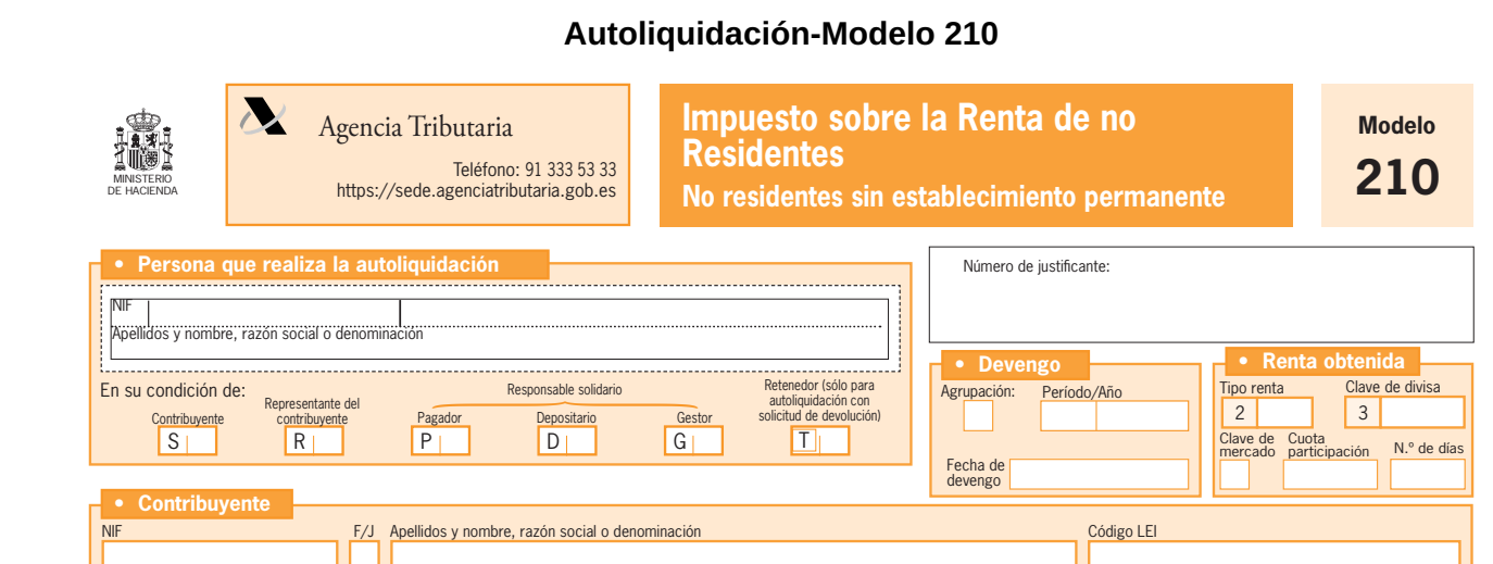 Top of the official Modelo 210 form: Agencia Tributaria, Impuesto sobre la Renta de no Residentes, and the Devengo and Renta obtenida boxes, with the new Cuota participación and N.º de días boxes.